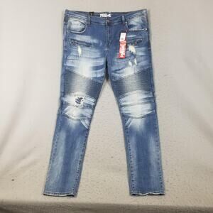 Preme Jeans Mens 40x34 Blue Moto Biker Distressed‎ Slim Fit Denim PR-898-721